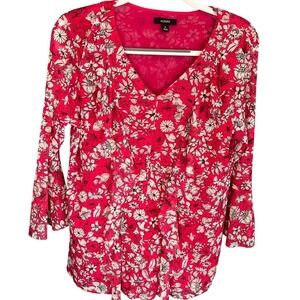 Alfani Womens Floral Print V Neck Bell Sleeve Top Pink White Size M